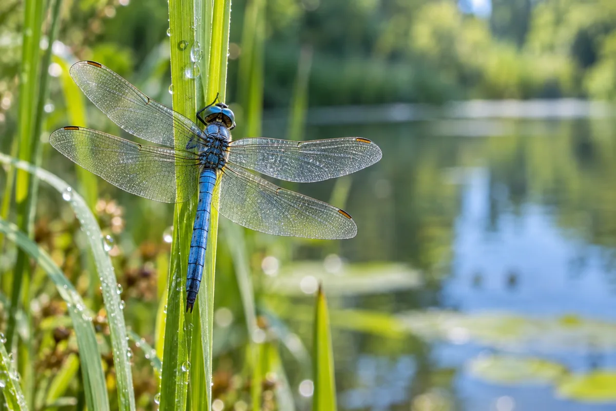 Libellule bleue posée sur une tige au bord d&rsquo;une mare de jardin