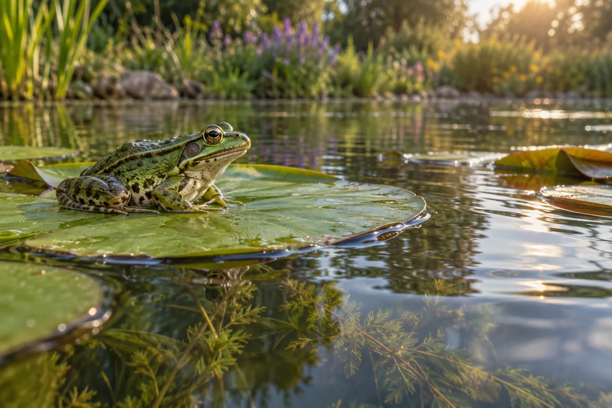 Grenouille verte posée sur une feuille de nénuphar