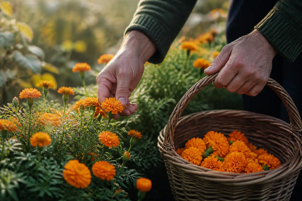 Mains d’un jardinier cueillant des fleurs de souci orange dans un panier en osier le matin