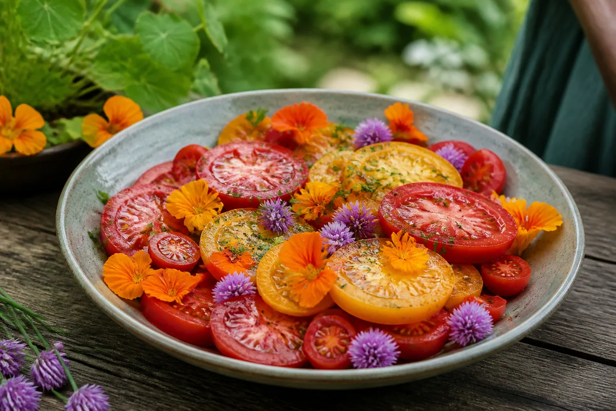 Salade de tomates parsemée de pétales de capucine et de fleurs de ciboulette sur une table de jardin en bois