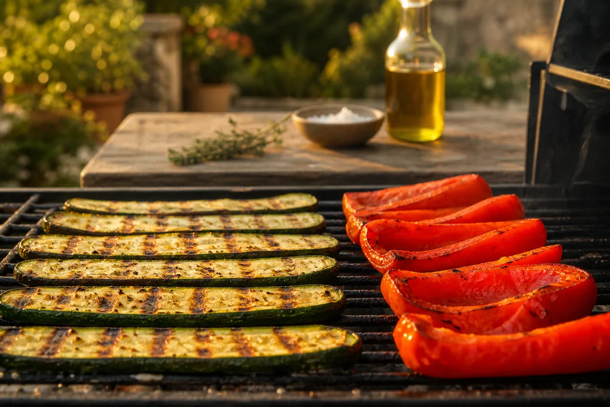 Tranches de courgette et quartiers de poivron alignés sur la grille d&rsquo;un barbecue au charbon