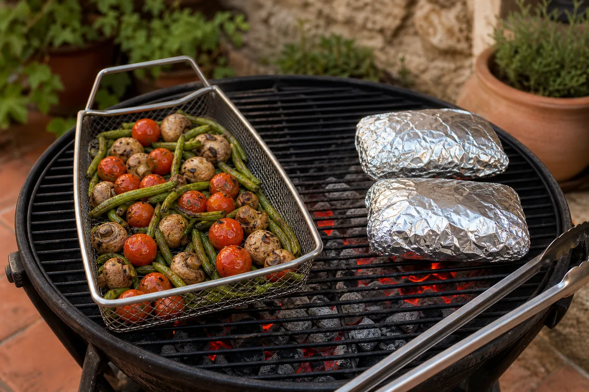 Papillotes et panier grillagé de légumes posés sur les braises d&rsquo;un barbecue de jardin