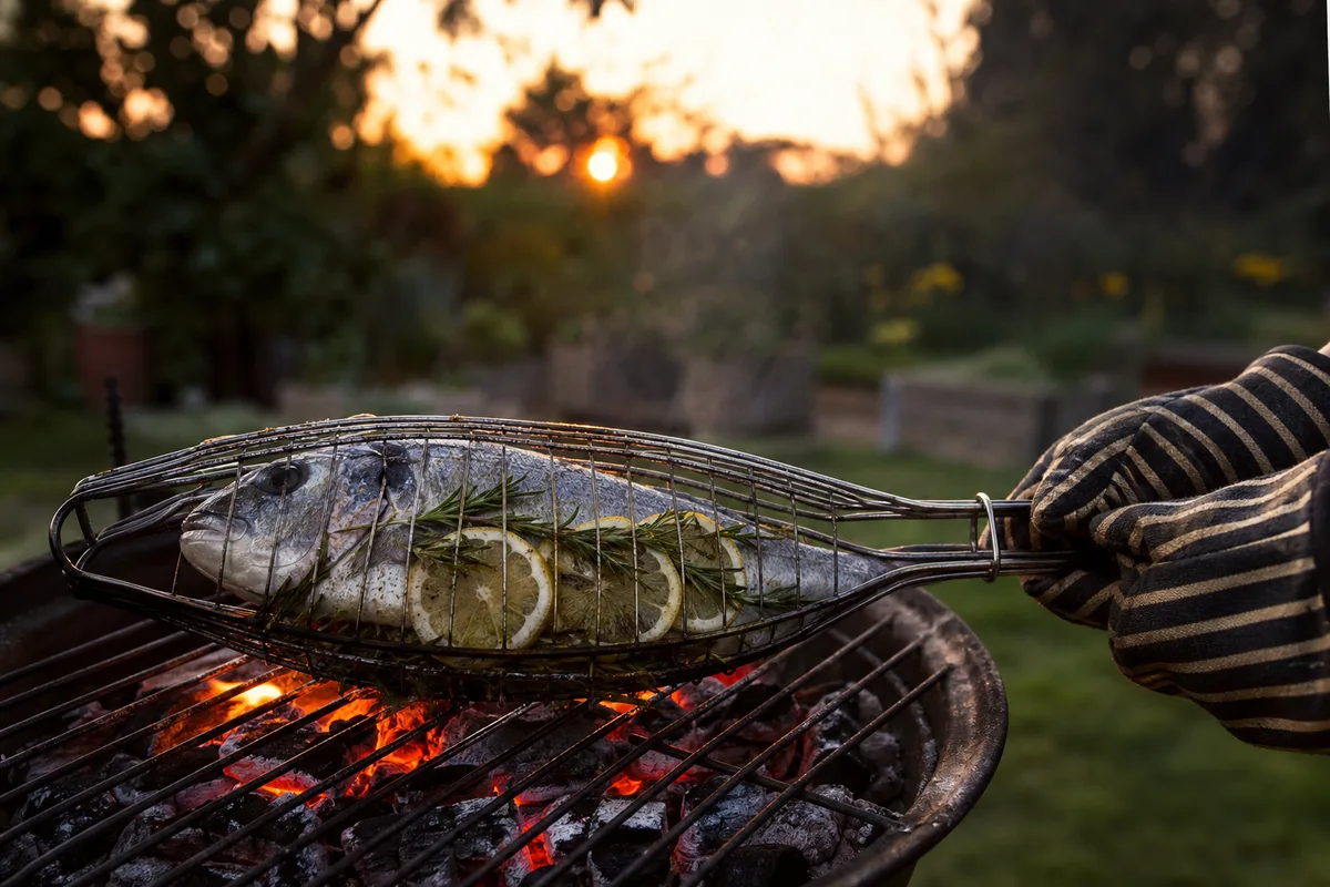 Dorade entière garnie d’herbes fraîches enfermée dans un panier à poisson grillagé au-dessus des braises