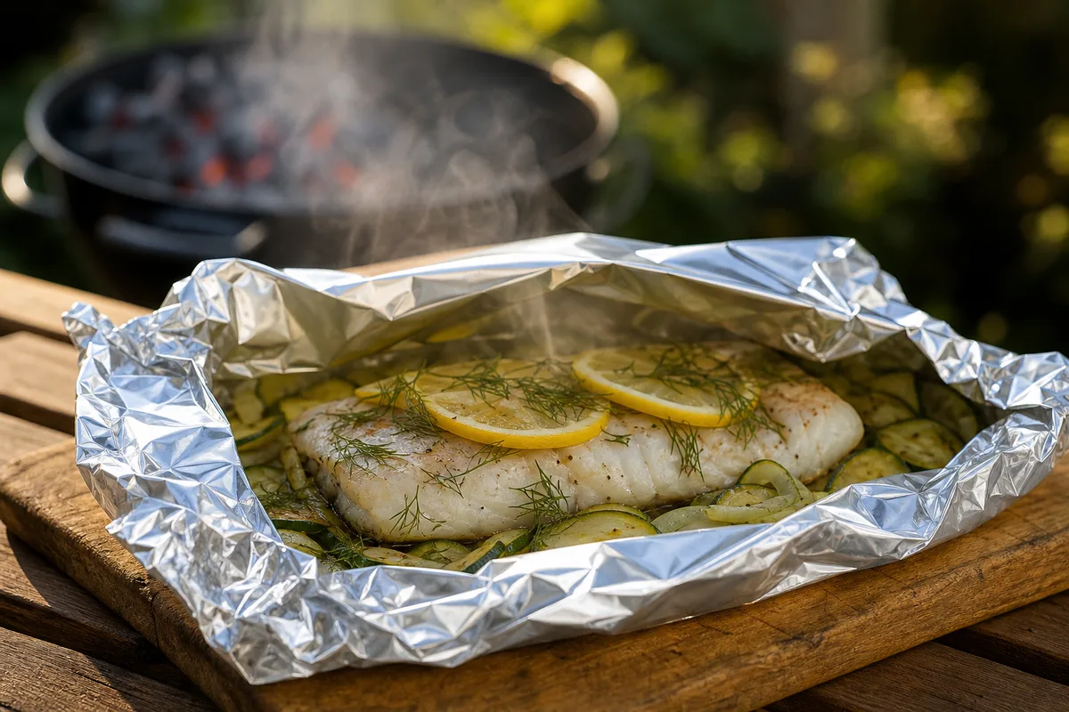 Papillote d’aluminium entrouverte sur une planche en bois laissant apparaître un filet de poisson nacré et du citron