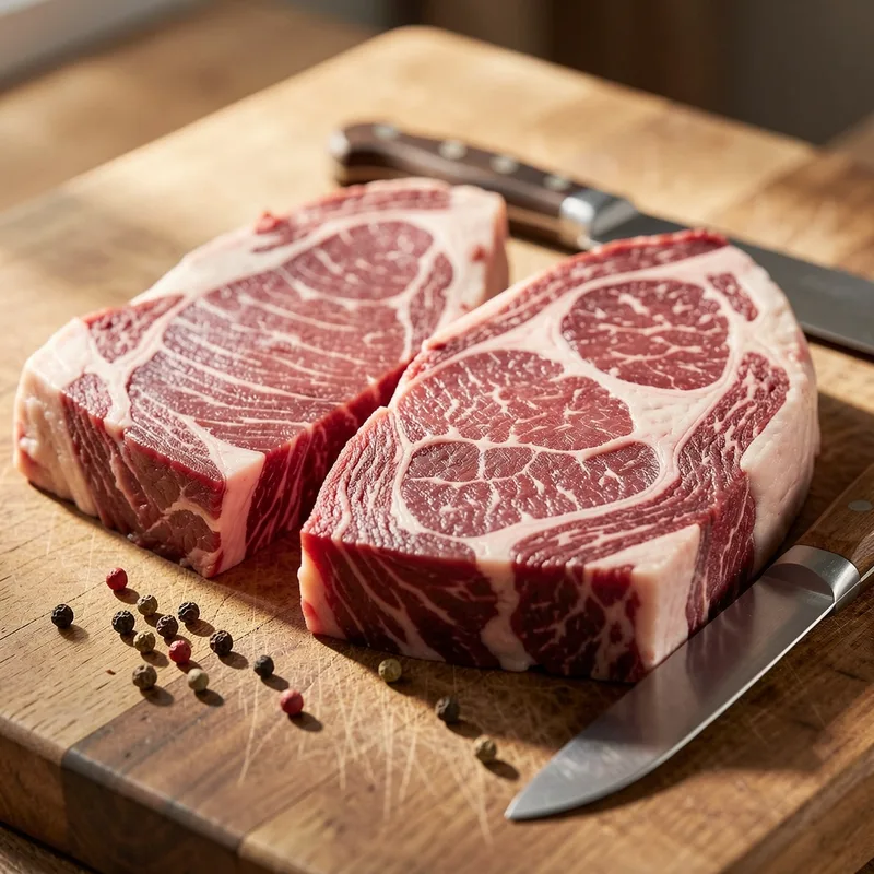 Tranches de bavette et basse côte de bœuf persillées posées sur un billot de bois près d&rsquo;un barbecue