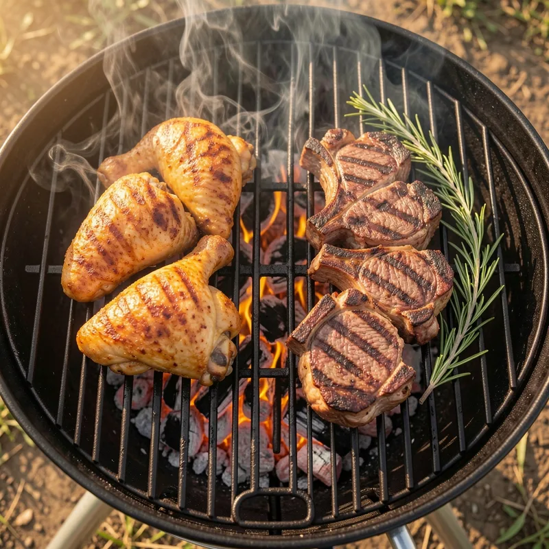 Hauts de cuisse de poulet dorés et côtelettes d&rsquo;agneau grillant côte à côte sur une grille de barbecue au charbon