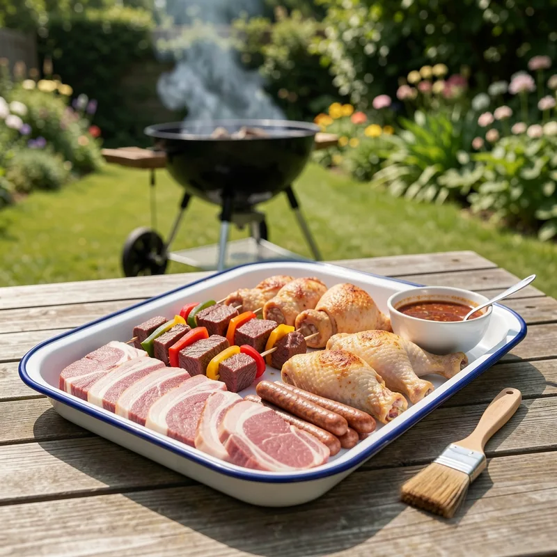 Plateau garni de morceaux crus variés, échine, brochettes et saucisses, prêt à être posé sur un barbecue de jardin