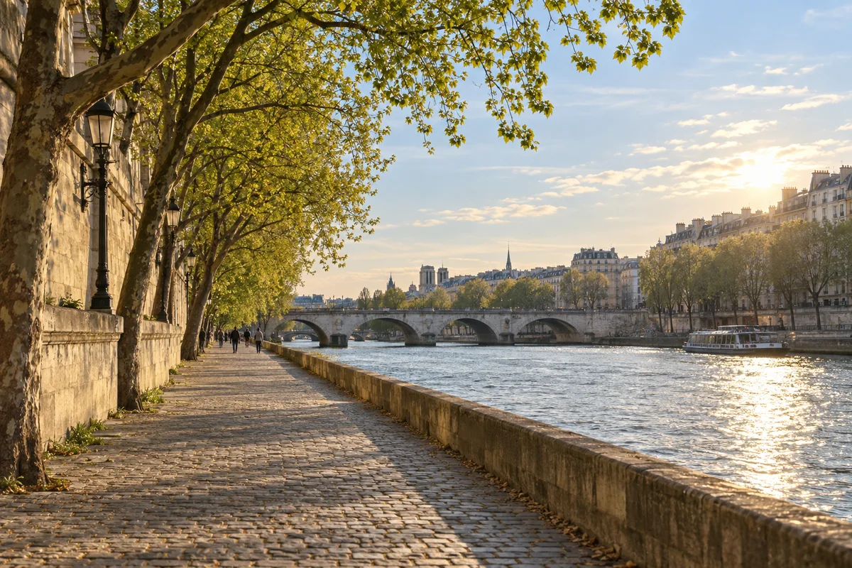 Quai de Seine ensoleillé au printemps avec promeneurs de dos au loin