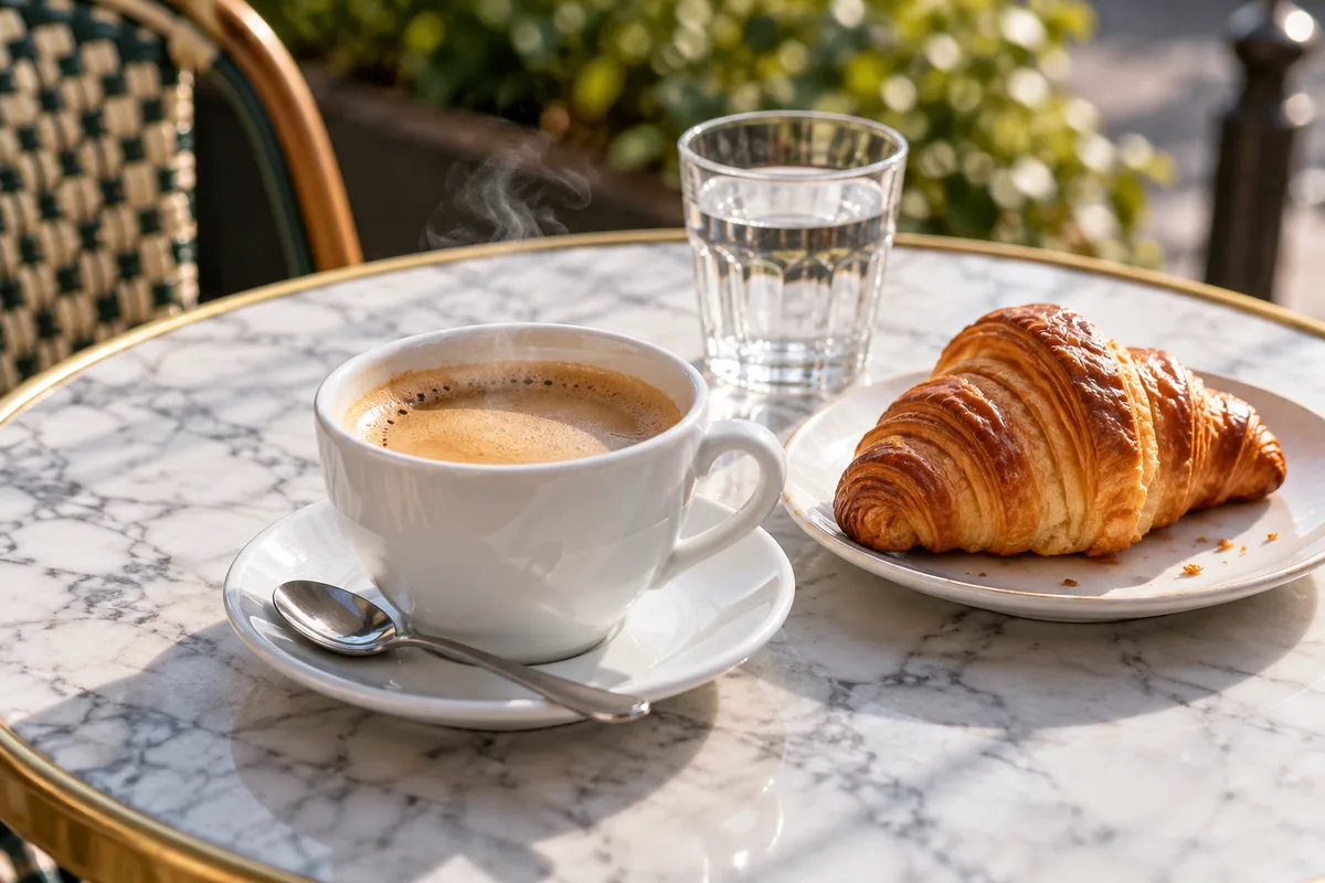 Tasse de café et viennoiserie sur une table de bistrot en marbre